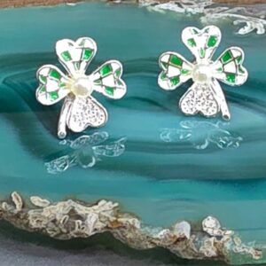 Aros de PLata 925 Trebol De La Suerte Perla y Circones