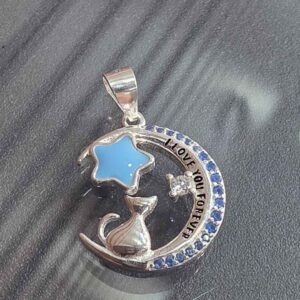 Colgante Gatito Estrellado Esmaltado Celeste Circones Plata 925